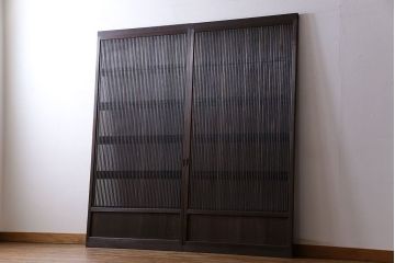 和製アンティーク　裏ガラス入り　細かな桟が美しい万本格子戸(引き戸、建具)2枚組(2)