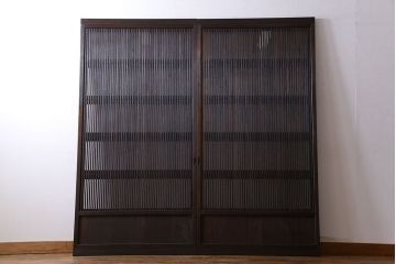 和製アンティーク　裏ガラス入り　細かな桟が美しい万本格子戸(引き戸、建具)2枚組(2)