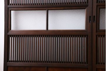 和製アンティーク　裏ガラス入り　ケヤキ材の木目が印象的な帯格子戸(引き戸、建具)3枚組