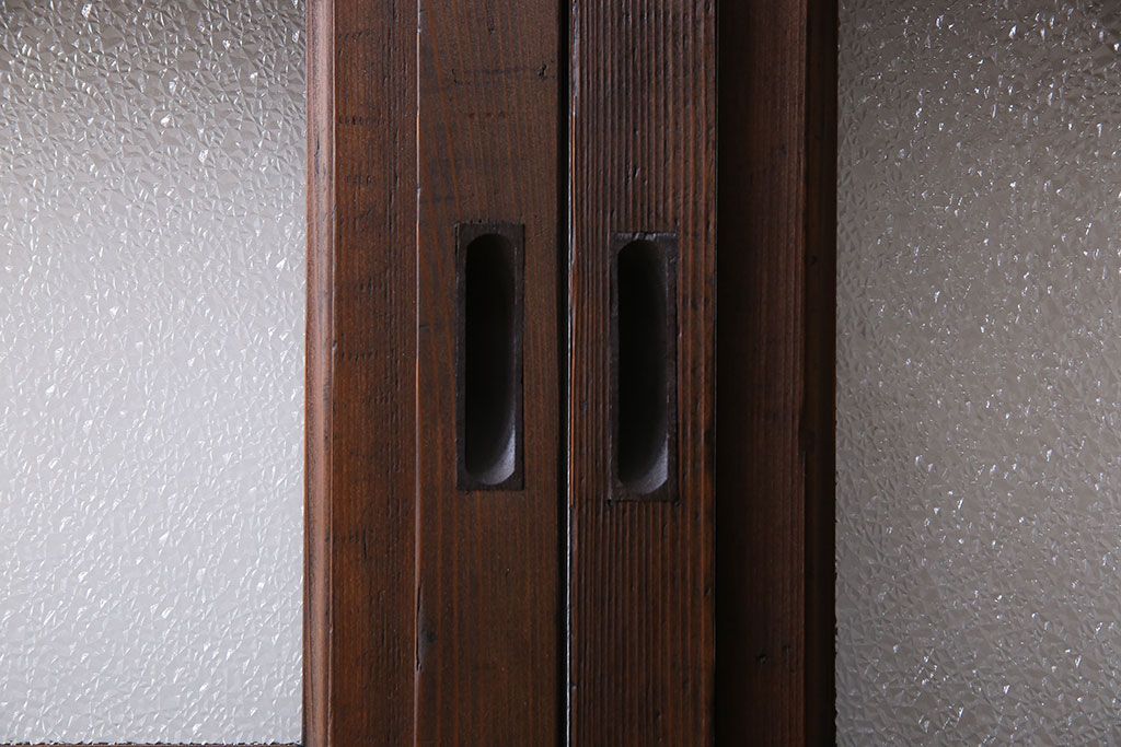 和製アンティーク　裏ガラス入り　ケヤキ材の木目が印象的な帯格子戸(引き戸、建具)3枚組