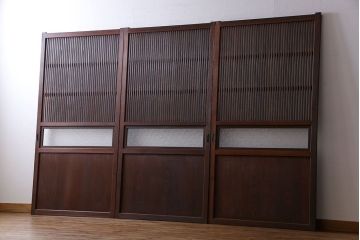 和製アンティーク　深みのある木味が魅力的なガラス入り帯格子戸(引き戸、建具)3枚組