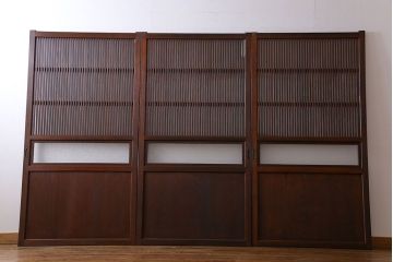 和製アンティーク　深みのある木味が魅力的なガラス入り帯格子戸(引き戸、建具)3枚組