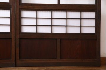 和製アンティーク　腰板ケヤキ材　和モダンな裏障子付きの帯格子戸(引き戸、建具)2枚組