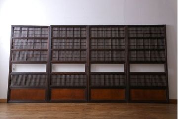 和製アンティーク　裏障子付き　縦桟が美しい和モダンな帯格子戸(引き戸、建具)4枚組