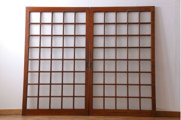 ダイヤガラス入り!レトロな木製格子ガラス戸(引き戸、建具)2枚セット