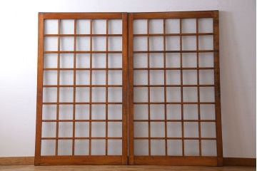 ダイヤガラス入り!レトロな木製格子ガラス戸(引き戸、建具)2枚セット