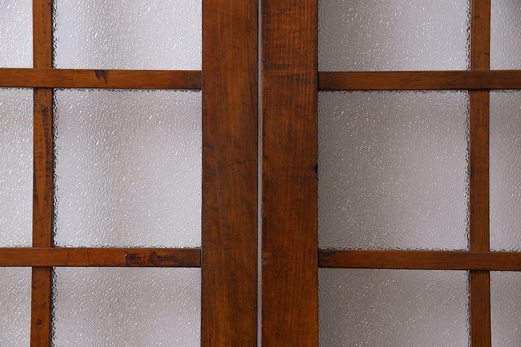 ダイヤガラス入り!レトロな木製格子ガラス戸(引き戸、建具)2枚セット