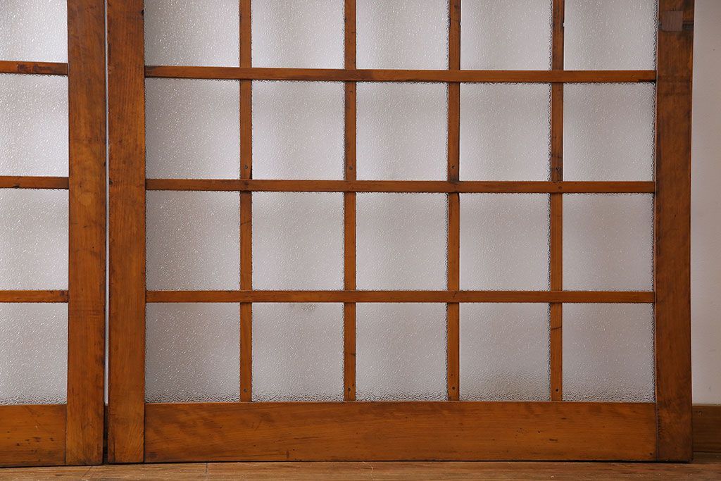 ダイヤガラス入り!レトロな木製格子ガラス戸(引き戸、建具)2枚セット