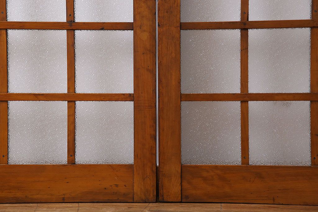 ダイヤガラス入り!レトロな木製格子ガラス戸(引き戸、建具)2枚セット