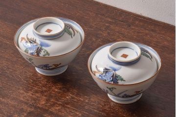 アンティーク雑貨　和製アンティーク　色絵　蓋付き茶碗2客セット(1)