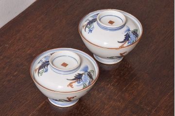 アンティーク雑貨　和製アンティーク　色絵　蓋付き茶碗2客セット(1)