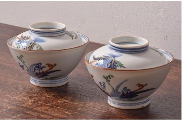 アンティーク雑貨　和製アンティーク　色絵　蓋付き茶碗2客セット(1)