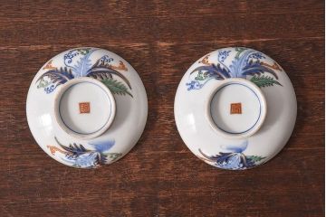 アンティーク雑貨　和製アンティーク　色絵　蓋付き茶碗2客セット(1)