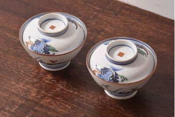 アンティーク雑貨　和製アンティーク　色絵　蓋付き茶碗2客セット(2)