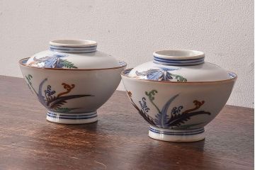 アンティーク雑貨　和製アンティーク　色絵　蓋付き茶碗2客セット(2)