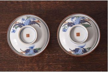 アンティーク雑貨　和製アンティーク　色絵　蓋付き茶碗2客セット(2)