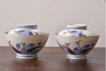 アンティーク雑貨　和製アンティーク　色絵　蓋付き茶碗2客セット(3)