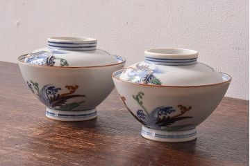 アンティーク雑貨　和製アンティーク　色絵　蓋付き茶碗2客セット(3)