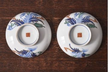 アンティーク雑貨　和製アンティーク　色絵　蓋付き茶碗2客セット(3)