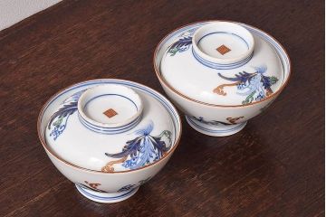 アンティーク雑貨　和製アンティーク　色絵　蓋付き茶碗2客セット(3)