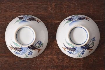 アンティーク雑貨　和食器　色絵　アンティーク蓋付き茶碗2客セット(1)