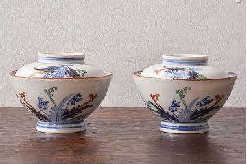 アンティーク雑貨　和食器　色絵　アンティーク蓋付き茶碗2客セット(1)