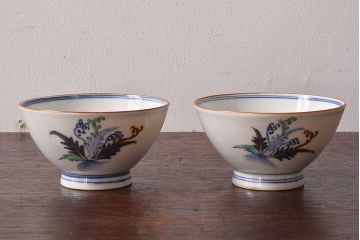 アンティーク雑貨　和食器　色絵　アンティーク蓋付き茶碗2客セット(2)