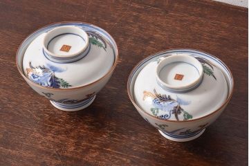 アンティーク雑貨　和食器　色絵　アンティーク蓋付き茶碗2客セット(3)
