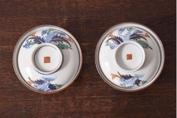アンティーク雑貨　和食器　色絵　アンティーク蓋付き茶碗2客セット(3)