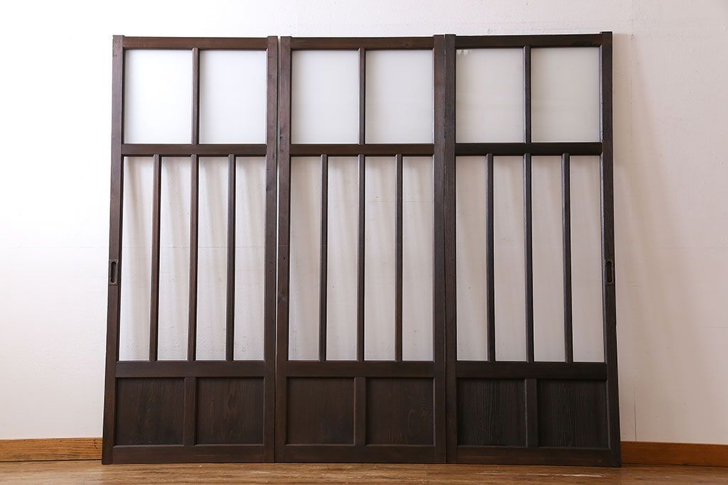 和製アンティーク　モダンな雰囲気漂う細身のガラス戸(引き戸、仕切り戸、建具)3枚セット