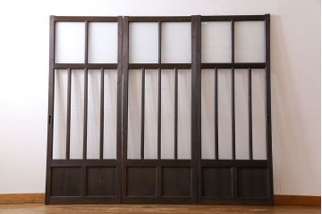 和製アンティーク　モダンな雰囲気漂う細身のガラス戸(引き戸、仕切り戸、建具)3枚セット