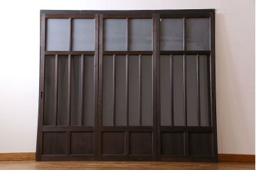 和製アンティーク　モダンな雰囲気漂う細身のガラス戸(引き戸、仕切り戸、建具)3枚セット