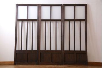 和製アンティーク　モダンな雰囲気漂う細身のガラス戸(引き戸、仕切り戸、建具)3枚セット