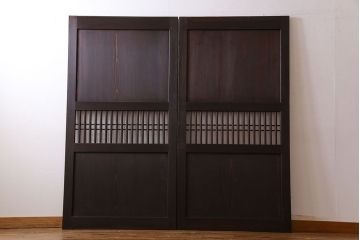 和製アンティーク　格子の帯がアクセントのシンプルな格子帯戸(引き戸、仕切り戸、建具)2枚組