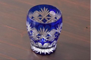アンティーク雑貨　未使用品　廣田硝子　大友精三　江戸切子　藍色被せ硝子グラス(コップ)