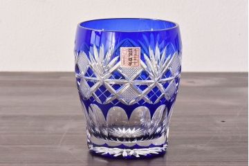 アンティーク雑貨　未使用品　廣田硝子　大友精三　江戸切子　藍色被せ硝子グラス(コップ)