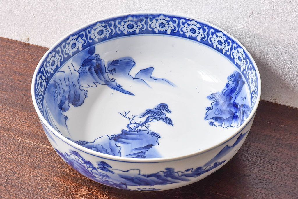 アンティーク雑貨　和食器　明治期　山水図　染付　アンティーク深鉢(深皿)(1)