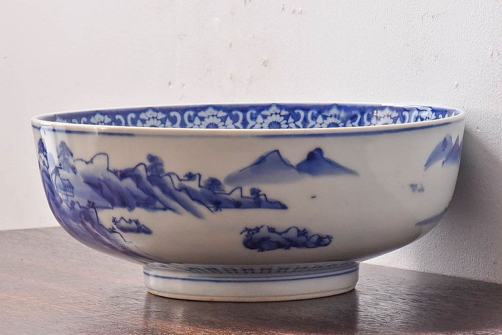アンティーク雑貨　和食器　明治期　山水図　染付　アンティーク深鉢(深皿)(1)