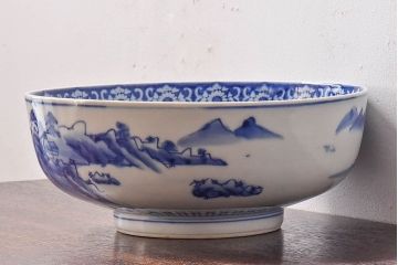 アンティーク雑貨　和食器　明治期　山水図　染付　アンティーク深鉢(深皿)(1)