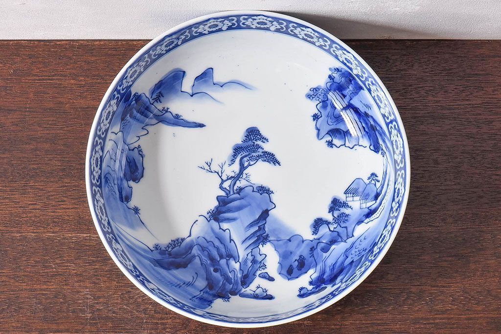 アンティーク雑貨　和食器　明治期　山水図　染付　アンティーク深鉢(深皿)(1)