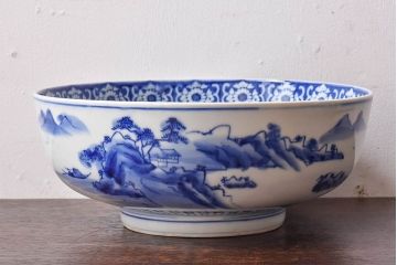 アンティーク雑貨　和食器　明治期　山水図　染付　アンティーク深鉢(深皿)(1)