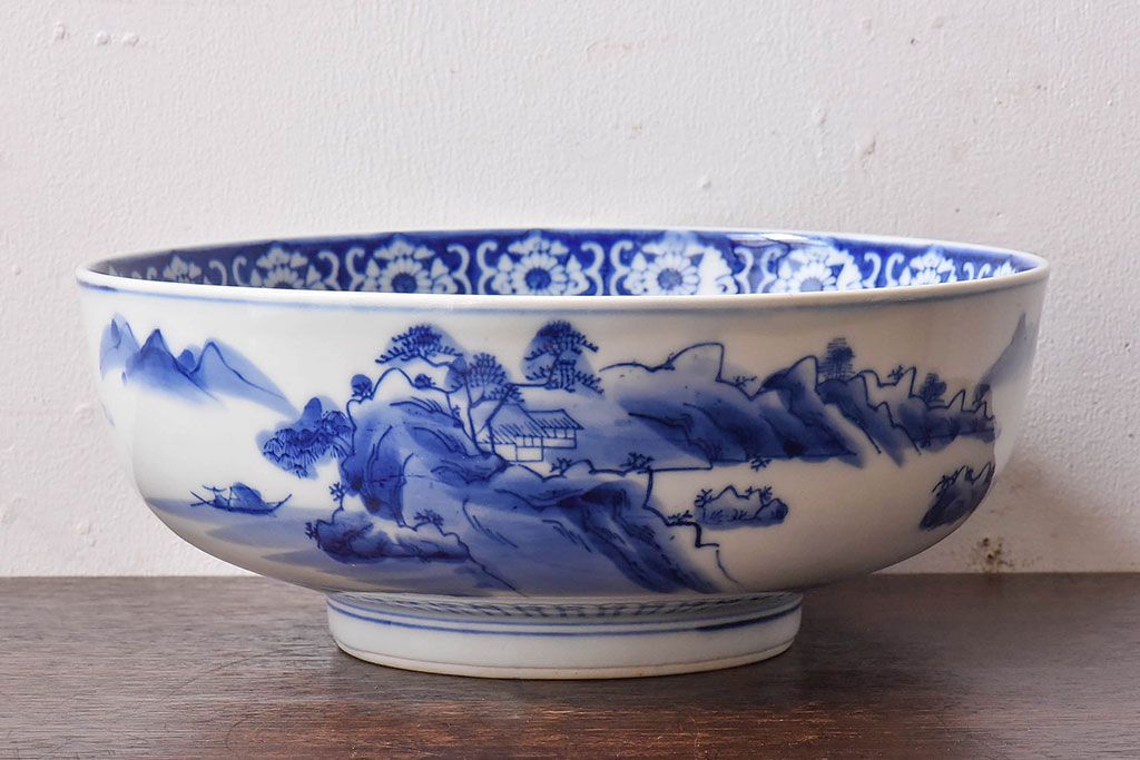 アンティーク雑貨　和食器　明治期　山水図　染付　アンティーク深鉢(深皿)(1)
