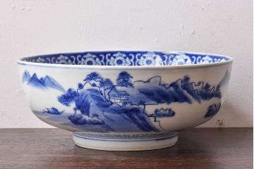 アンティーク雑貨　和食器　明治期　山水図　染付　アンティーク深鉢(深皿)(1)