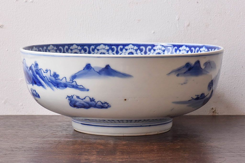 アンティーク雑貨　和食器　明治期　山水図　染付　アンティーク深鉢(深皿)(1)