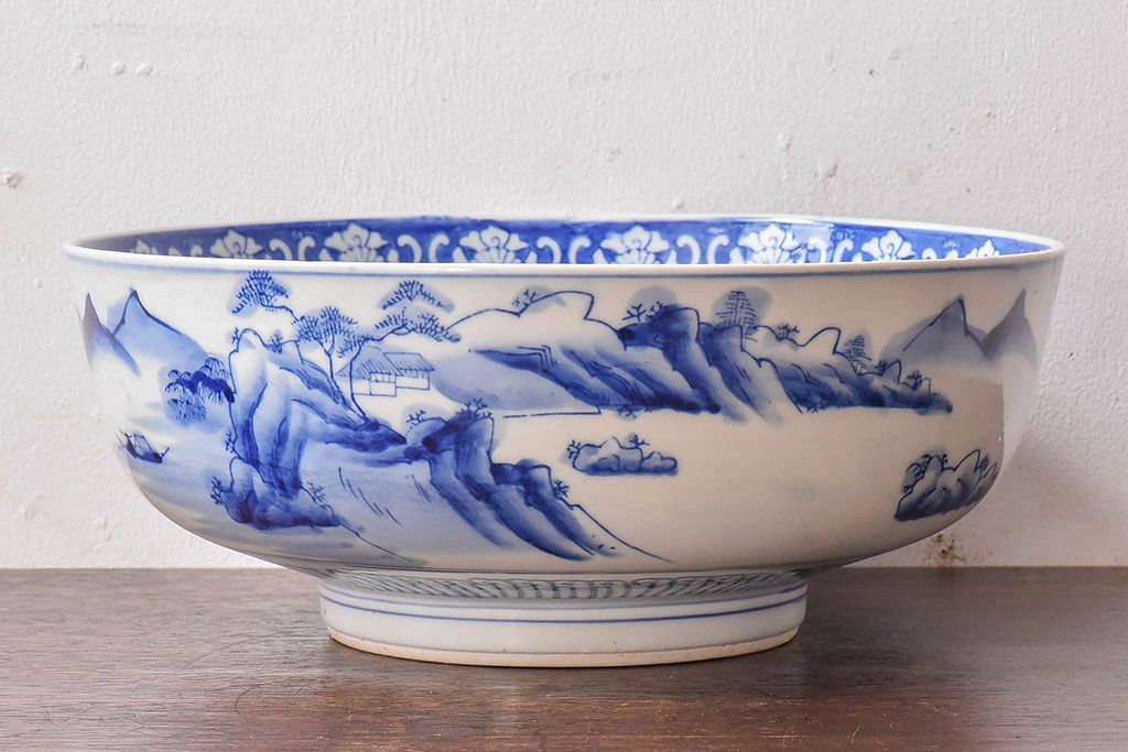 アンティーク雑貨　和食器　明治期　山水図　染付　アンティーク深鉢(深皿)(2)