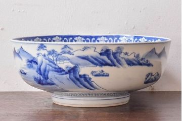 アンティーク雑貨　和食器　明治期　山水図　染付　アンティーク深鉢(深皿)(2)