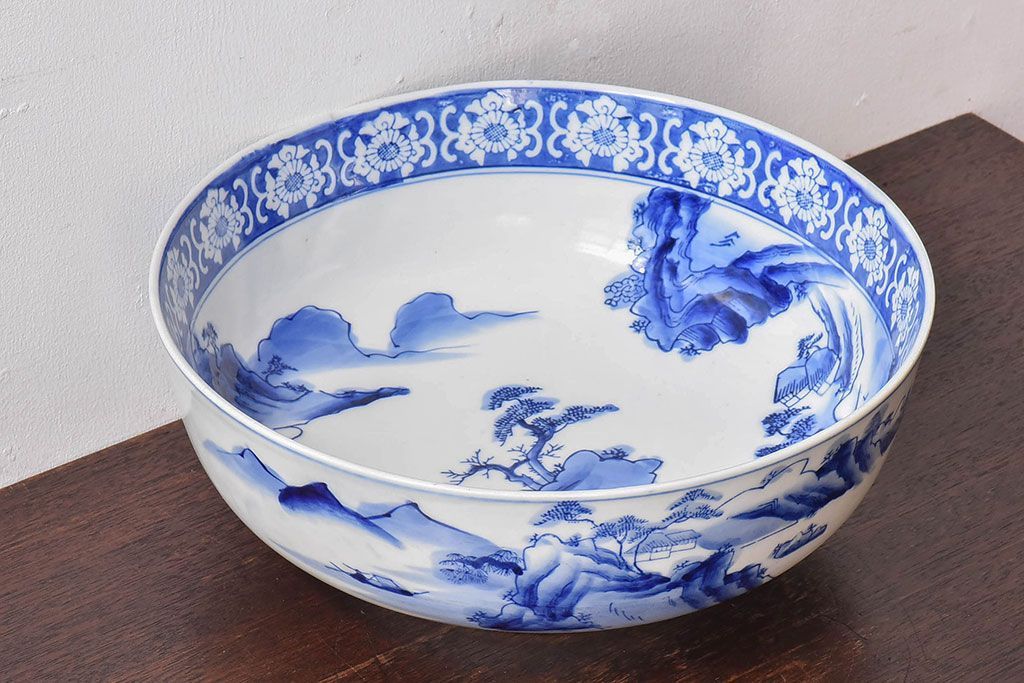 アンティーク雑貨　和食器　明治期　山水図　染付　アンティーク深鉢(深皿)(2)