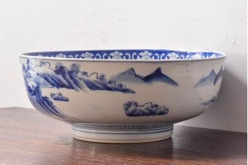 アンティーク雑貨　和食器　明治期　山水図　染付　アンティーク深鉢(深皿)(2)