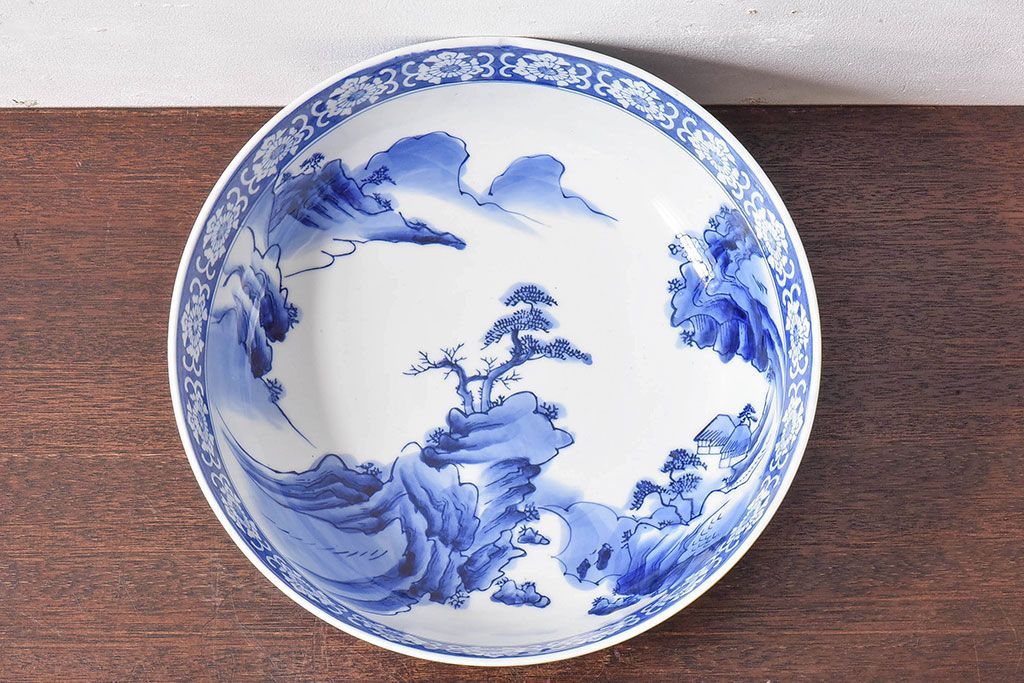 アンティーク雑貨　和食器　明治期　山水図　染付　アンティーク深鉢(深皿)(2)