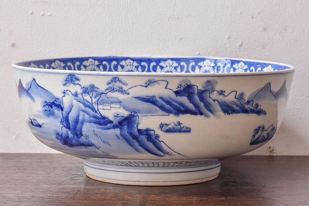 アンティーク雑貨　和食器　明治期　山水図　染付　アンティーク深鉢(深皿)(2)